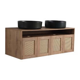 48" Bathroom Vanity with Black Ceramic Art Sink, 4-Soft Close Door, Float Mounting Design, Plywood (KD-Packing)