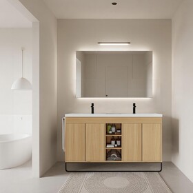 60" Freestanding Bathroom Vanity with Resin Double Sink, 4-Soft Close Door & 3-Open Storage Rack, KD-Packing, Plywood