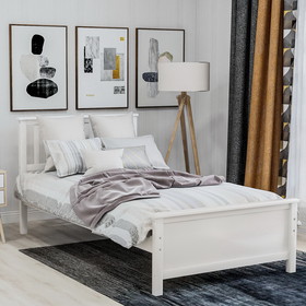 Twin Size Wood Platform Bed with Headboard, Footboard and Wood Slat Support, White WF191769AAK