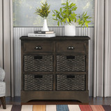 Trexm Rustic Storage Cabinet with Two Drawers and Four Classic Rattan Basket for Dining Room/Living Room (Brown Gray) Wf193442Aad