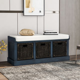 Trexm Rustic Storage Bench with 3 Removable Classic Rattan Basket, Entryway Bench with Removable Cushion (Antique Navy) Wf193443Aam