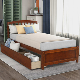 Twin Platform Storage Bed Wood Bed Frame with Two Drawers and Headboard, Walnut WF194279AAD