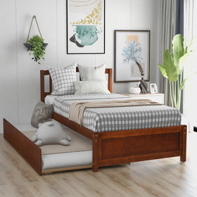 Twin Size Platform Bed Wood Bed Frame with Trundle, Walnut WF194302AAD
