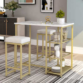 TREXM 3-piece Modern Pub Set with Faux Marble Countertop and Bar Stools, White/Gold WF194723AAK
