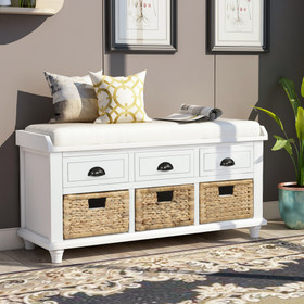 Trexm Rustic Storage Bench with 3 Drawers and 3 Rattan Baskets, Shoe Bench for Living Room, Entryway (White) Wf195161Aak