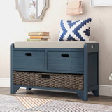 Trexm Storage Bench with Removable Basket and 2 Drawers, Fully assembled Shoe Bench with Removable Cushion (Navy) Wf199578Aam