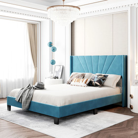Queen Size Velvet Upholstered Platform Bed, Box Spring Needed - Blue WF212844AAC