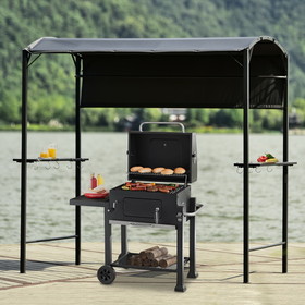 Topmax Outdoor 7ft.Wx4.5ft.L Iron Double Tiered Backyard Patio BBQ Grill Gazebo with Side Awning, Bar Counters and Hooks, Gray Wf280542Aae