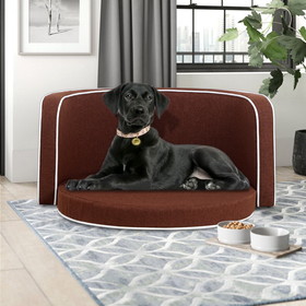 35" Brown Pet Sofa with Wooden Structure and Linen Goods White Roller Lines on The Edges Curved Appearance Pet Sofa with Cushion Wf282001Aaa