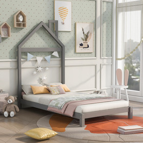 Twin Size Wood Platform Bed with House-Shaped Headboard (Gray) WF282820AAE