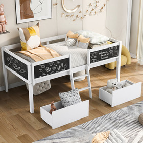 Twin Size Low Loft Bed with Two Drawers, with Decorative Guardrail Chalkboard, White Wf283287Aak