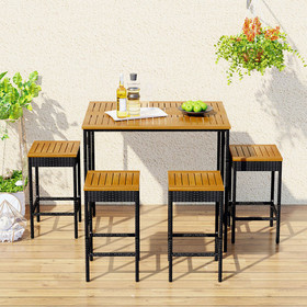 go 5-Piece Outdoor Patio Wicker Bar Set, Garden PE Rattan Wicker Dining Table, Square Stool Set, Foldable Tabletop, Acacia Wood Tabletop, High-Dining Bistro Set with 4 Stools and 1 Wood Table, Brown