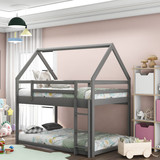 Twin Over Twin Low Bunk Bed, House Bed with Ladder, Gray Wf285733Aae