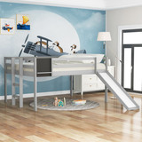 Full Size Loft Bed Wood Bed with Slide, Stair and Chalkboard, Gray WF286311AAE
