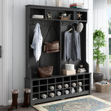 On-Trend Style Multiple Functions Hallway Coat Rack with Metal Black Hooks, Entryway Bench 60
