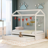 House Bed with Trundle, Can be Decorated, White Wf287825Aak