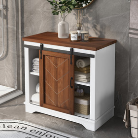 Bathroom Storage Cabinet, Freestanding Accent Cabinet, Sliding Barn Door, Thick Top, Adjustable Shelf, White and Brown Wf287851Aak