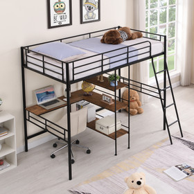 Twin Size Metal Loft Bed and Built-in Desk and Shelves, Black Wf288853Aab