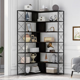 7-Tier Bookcase Home Office Bookshelf, L-Shaped Corner Bookcase with Metal Frame, Industrial Style Shelf with Open Storage, MDF Board Wf290123Aab