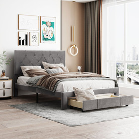 Full Size Storage Bed Velvet Upholstered Platform Bed with a Big Drawer - Grey WF290285AAE