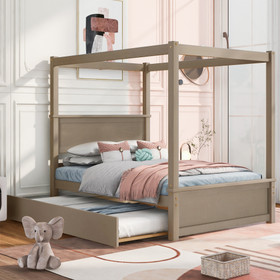 Wood Canopy Bed with Trundle Bed, Full Size Canopy Platform Bed with Support Slats.No Box Spring Needed, Brushed Light Brown WF291343AAD