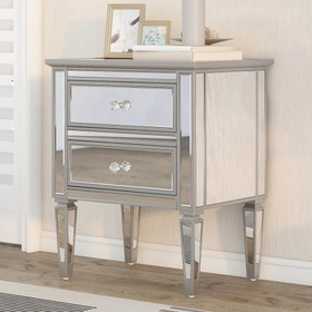 Elegant Mirrored Nightstand with 2 Drawers, Modern Silver Finished End Table Side Table for Living Room Bedroom Wf292381Aan