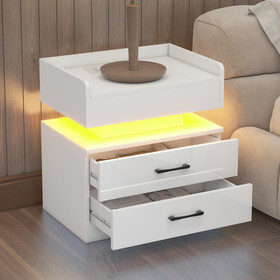 Nightstand with 2 Drawers, USB Charging Ports, Wireless Charging and Remote Control LED Light-White WF292397AAK