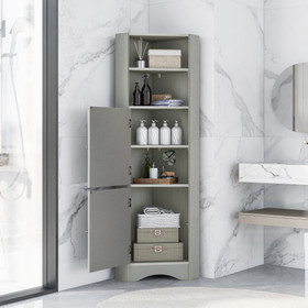Tall Bathroom Corner Cabinet, Freestanding Storage Cabinet with Doors and Adjustable Shelves, MDF Board, Gray Wf293800Aag