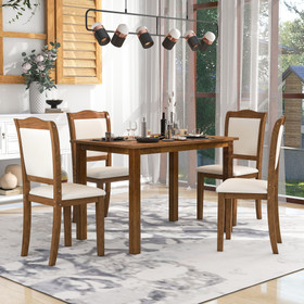 Trexm 5-Piece Wood Dining Table Set Simple Style Kitchen Dining Set Rectangular Table with Upholstered Chairs for Limited Space (Walnut) Wf293880Aad