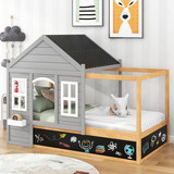Twin Size House Shaped Canopy Bed with Black Roof and White Window, Blackboard and Little Shelf, Gray