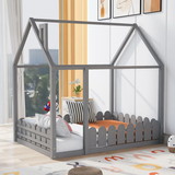 (Slats Are Not Included) Full Size Wood Bed House Bed Frame with Fence, for Kids, Teens, Girls, Boys (Gray )
