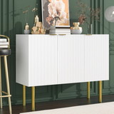 Trexm Simple & Luxury Style Sideboard Particle Board & MDF Board Cabinet with Gold Metal Legs & Handles, Adjustable Shelves for Living Room, Dining Room (White)