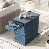 U-Can Classic Vintage Livingroom End Table Side Table with USB Ports and One Multifunctional Drawer with cup holders, Antique Navy WF296294AAD