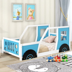 Twin Size Classic Car-Shaped Platform Bed with Wheels, Blue