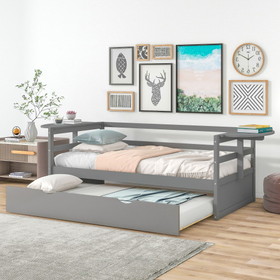 Twin Size Daybed with Trundle and Foldable Shelves on Both Sides, Gray