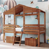 Twin Size Low Loft Wood House Bed with Two Drawers, Walnut