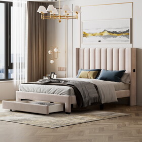 Queen Size Storage Bed Velvet Upholstered Platform Bed with a Big Drawer - Beige WF296854AAA