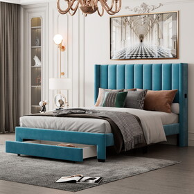 Queen Size Storage Bed Velvet Upholstered Platform Bed with a Big Drawer - Blue WF296854AAC