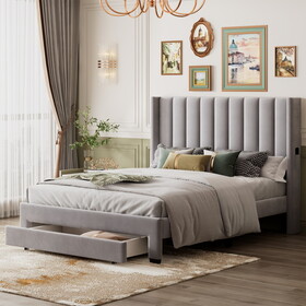 Queen Size Storage Bed Velvet Upholstered Platform Bed with a Big Drawer - Gray WF296854AAE