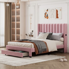 Queen Size Storage Bed Velvet Upholstered Platform Bed with a Big Drawer - Pink WF296854AAH