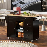 K&K Kitchen Cart with Rubber Wood Desktop Rolling Mobile Kitchen Island with Storage and 5 Draws 53 inch Width (Black)