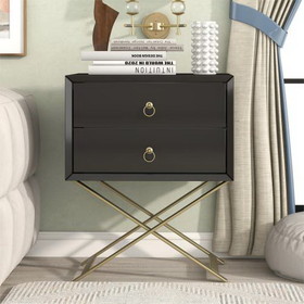 Nightstand with 2 Drawers & Golden Handle, Storage Bedside Table with USB Charging Ports- Black