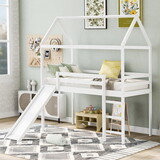 Twin Loft Bed with Slide, House Bed with Slide,White WF299309AAK