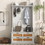 On-Trend Vintage Style Mudroom Hall Tree with 5 Metal Hooks and 2 Large Rattan Element Drawers, Wooden Hallway Organizer with Storage Bench and Metal Drawer Handles, White WF299458AAK