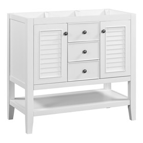 36" Bathroom Vanity without Sink, Cabinet Base Only, Two Cabinets and Drawers, Open Shelf, Solid Wood Frame, White
