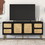 ON-TREND Boho style TV Stand with Rattan Door, Woven Media Console Table for TVs Up to 70", Country Style Design Side Board with Gold Metal Base for Living Room, Black. WF300549AAB