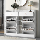 ON-TREND Modern Shoe Cabinet with 4 Flip Drawers, Multifunctional 2-Tier Shoe Storage Organizer with Drawers, Free Standing Shoe Rack for Entrance Hallway, White.