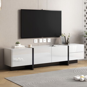 ON-TREND White & Black Contemporary Rectangle Design TV Stand, Unique Style TV Console Table for TVs Up to 80", Modern TV Cabinet with High Gloss UV Surface for Living Room.