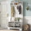 ON-TREND All in One Hall Tree with 3 Top Shelves and 2 Flip Shoe Storage Drawers, Wood Hallway Organizer with Storage Bench and Metal Hanging Hooks, White WF300971AAK