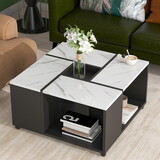ON-TREND Modern 2-layer Coffee Table with Casters, Square Cocktail Table with Removable Tray, UV High-gloss Marble Design Center Table for Living Room, 31.4